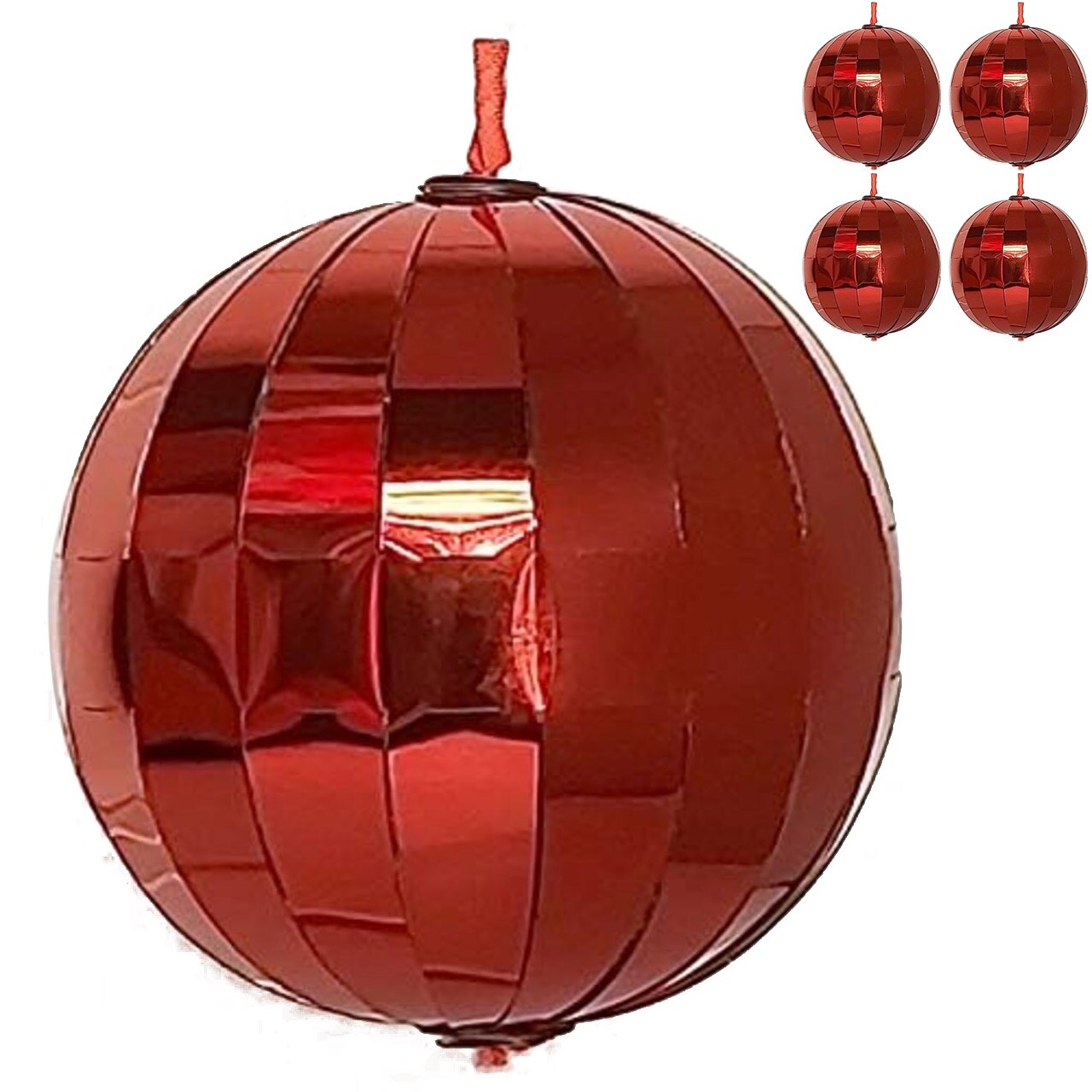 POP-UP Red Christmas Ornaments Balls 4 ct. 3.5"; Collapsible Large Xmas Tree Reversible Plastic Baubles; Shatterproof